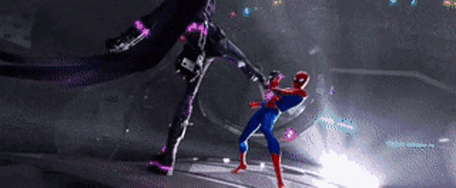 a spider-man is fighting a black panther in a dark room .