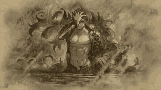 a drawing of a shirtless man with the word fin in the corner