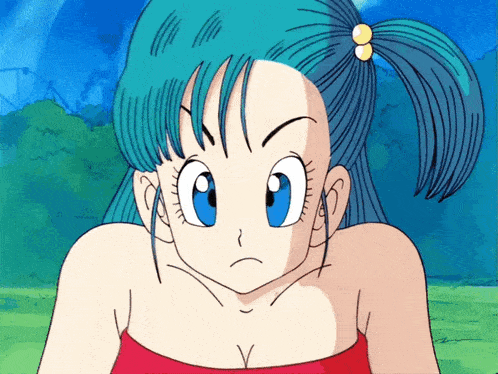 a cartoon character with blue hair and a red shirt