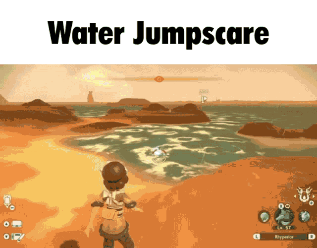 a screenshot of a video game with the words water jumpscare at the top