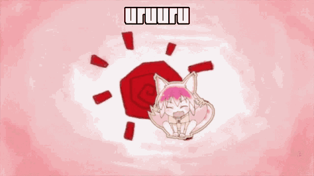 a cartoon of a girl holding a red rose with the words `` uruuru '' written on it .