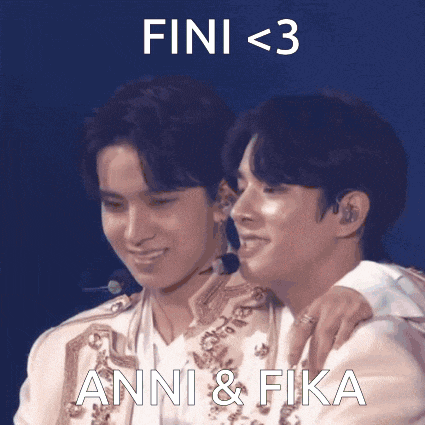 two men are hugging each other with the words fini < 3 anni & fika