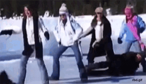 a group of people are dancing in the snow with rbd.gif at the bottom of the image