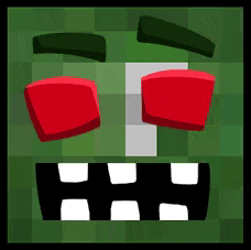 a cartoon face with red eyes and white teeth on a green background