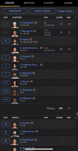 a screenshot of a basketball game showing the roster and matchup