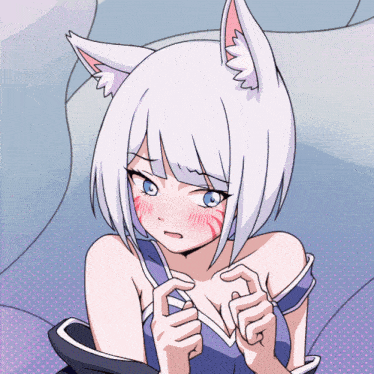 a girl with white hair and cat ears is making a heart with her hands