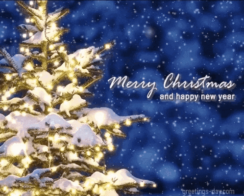 a merry christmas and happy new year card with a christmas tree in the background