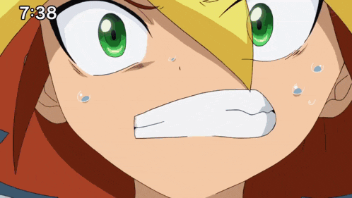 a close up of a cartoon character 's face with the time 7:38 on the bottom