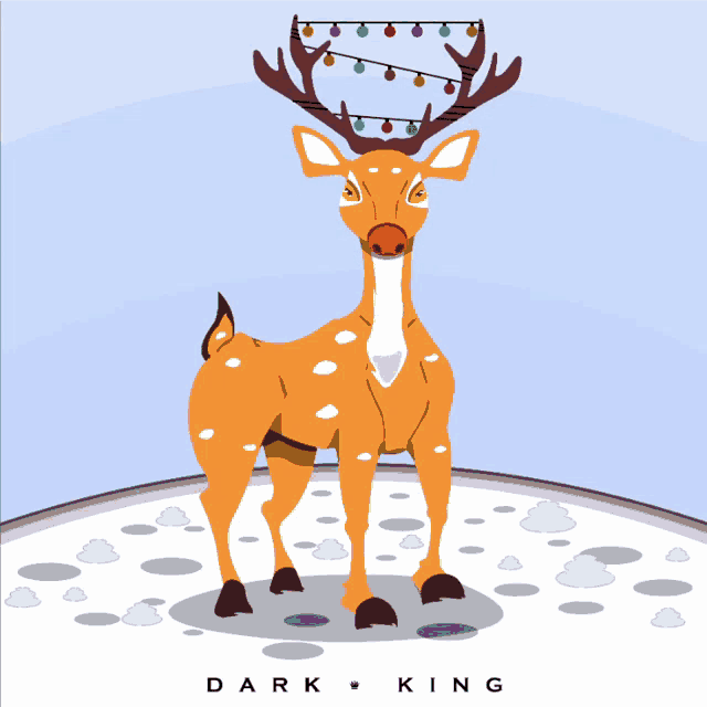 a cartoon drawing of a reindeer with christmas lights on its antlers and the words dark king below it