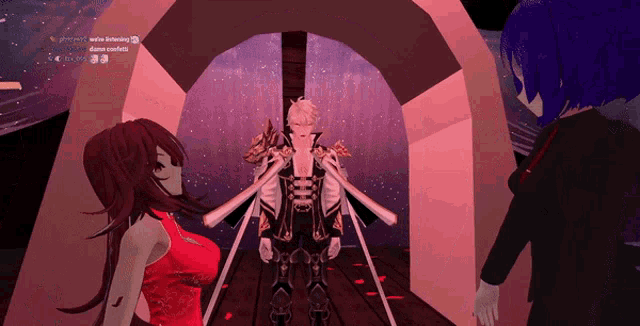 a woman in a red dress stands next to a man in a black suit and a purple haired girl