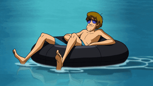 a cartoon character is floating on a black inner tube in a pool
