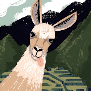 a drawing of a llama sticking its tongue out with mountains in the background