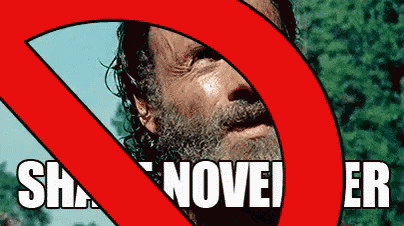a man with a beard is behind a red circle that says " no novel er "