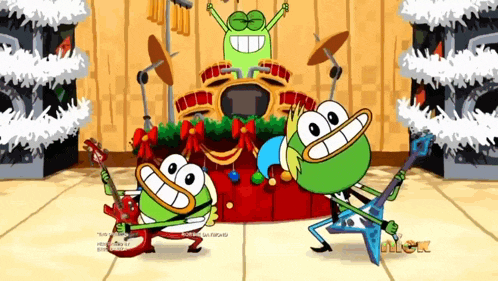 two cartoon characters are playing guitars in front of a drum set and a sign that says " nick "
