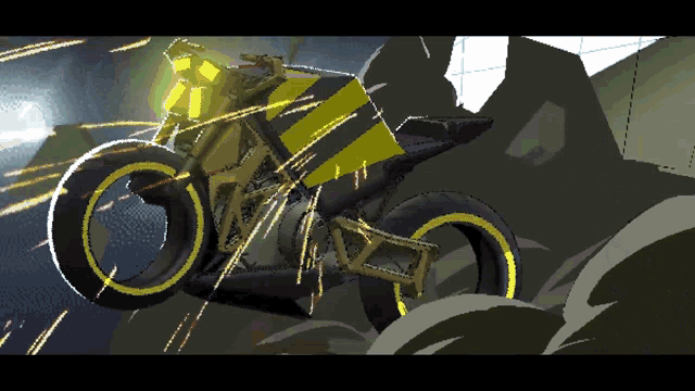 a pixel art drawing of a yellow and black motorcycle going down a hill