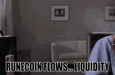 a man is sitting in a living room with the words runecoin flows liquidity on the screen