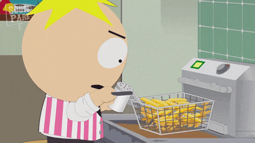 a cartoon character from south park is frying french fries in a fryer