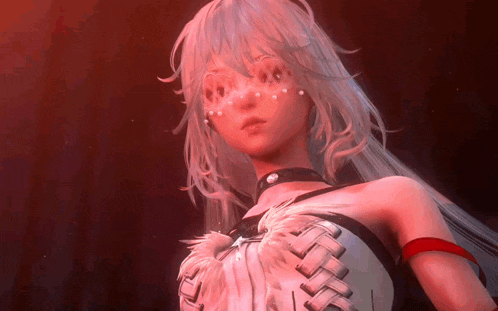 a girl with white hair and pearls on her face is wearing a white dress