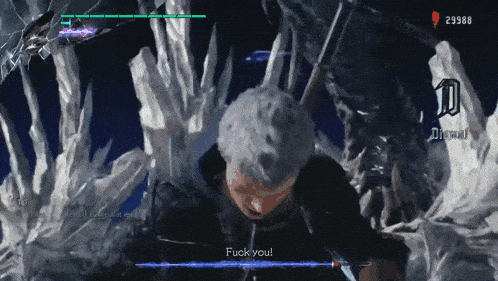 a video game character says " fuck you " at the end of a fight