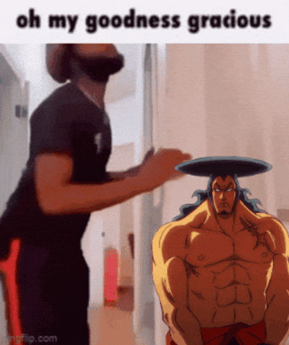 a meme of a man standing next to a cartoon character with the caption oh my goodness gracious