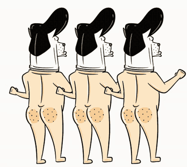 three naked people with dog heads on their heads standing next to each other