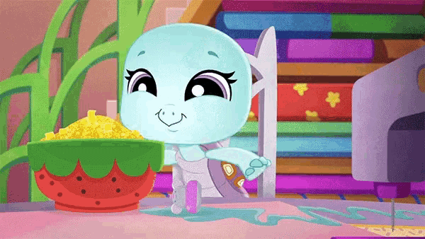 a cartoon of a turtle with a bowl of food in front of her