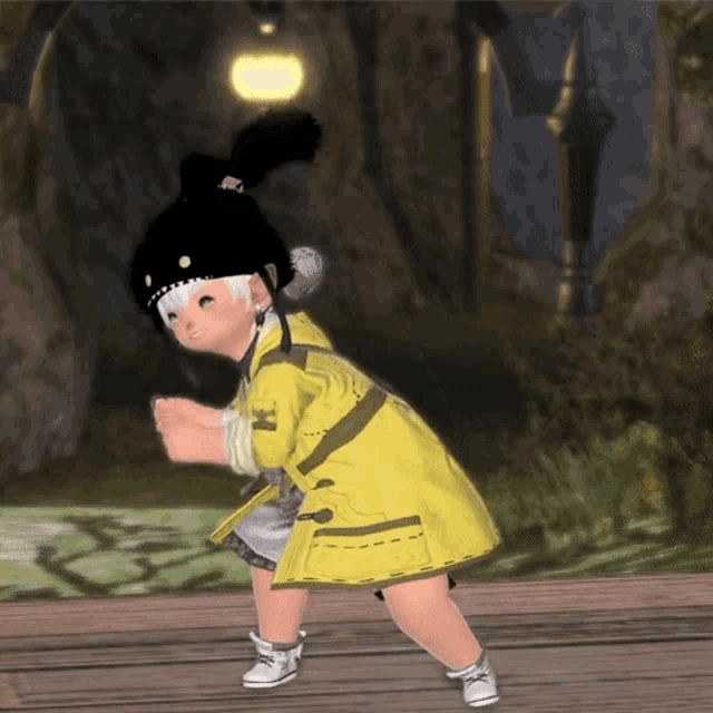 a little girl in a yellow dress and black hat stands on a wooden floor