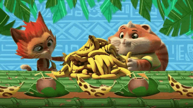 a cartoon cat is holding a bunch of bananas
