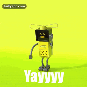 a yellow robot with a tv head and bunny ears says yay yy