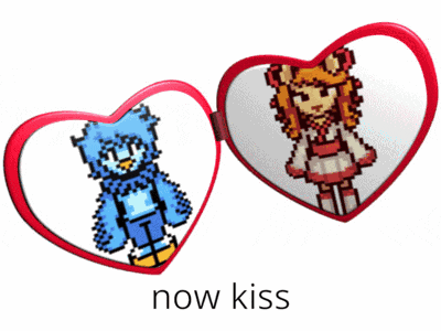 two heart shaped mirrors with pixel art on them and the words now kiss