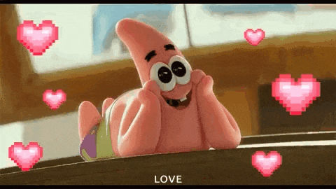 patrick star from spongebob squarepants is surrounded by pink hearts .