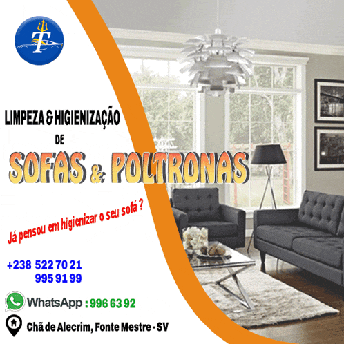 an advertisement for sofas and poltronas shows a living room filled with furniture