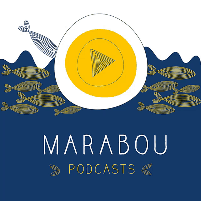 a logo for marabou podcasts shows a yellow circle with a play button