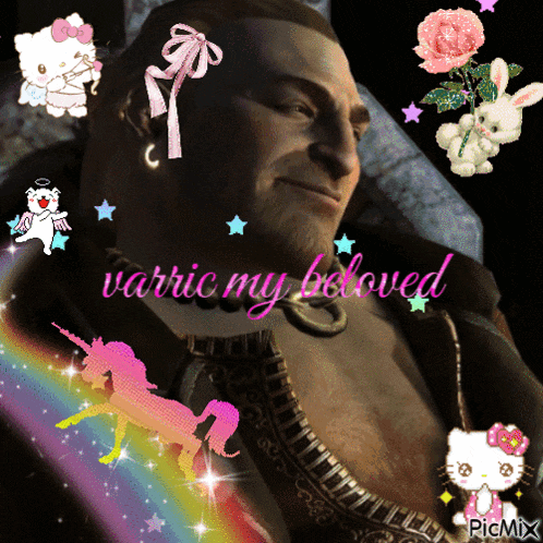 a picture of a man with a hello kitty and a unicorn with the words varric my beloved
