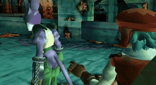 a video game character with a purple tail is standing next to another character with green hair