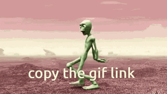a cartoon of an alien walking with the words copy the gif link below it