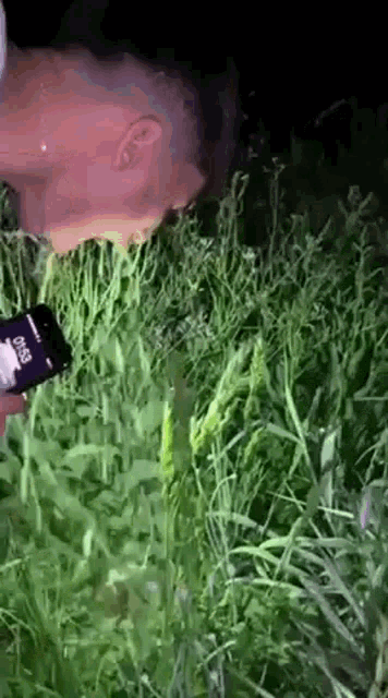 a man is drinking water from a bottle in a field of tall grass .