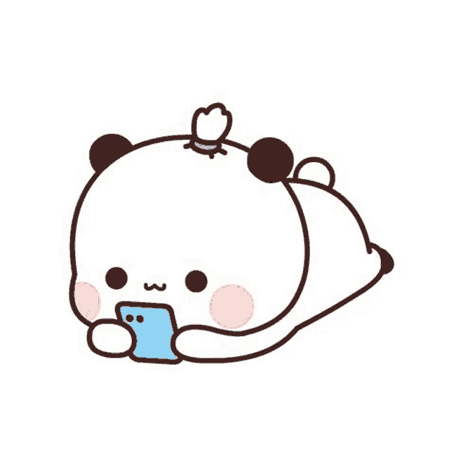 a cartoon panda is laying on its back holding a cell phone .