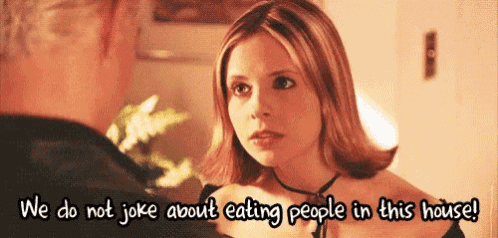 a woman talking to a man with the words " we do not joke about eating people in this house "