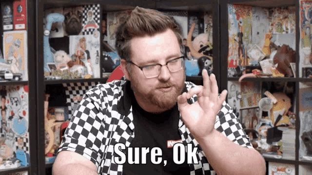 a man in a black and white checkered shirt says " sure ok "