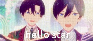 a couple of anime characters are standing next to each other and the words `` hello star '' are written on the screen .