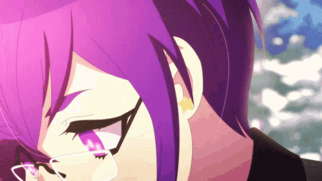 a girl with purple hair and glasses has a star in her ear
