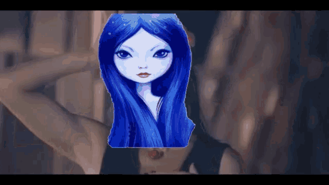 a drawing of a girl with blue hair and a red flower in her hair