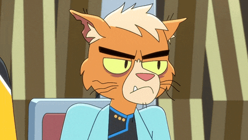a cartoon cat with yellow eyes and a blue jacket