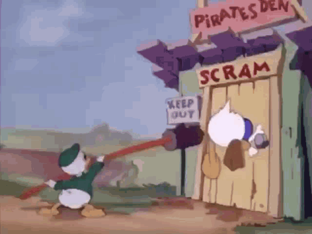 a cartoon of donald duck pushing a hammer into a door that says scram