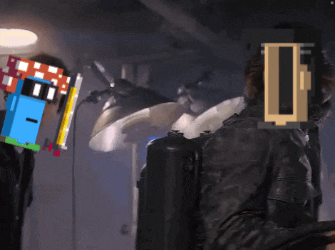 a sign that says rhodes studios is behind a person holding a gun