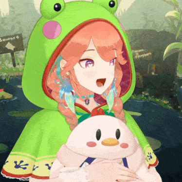 a girl wearing a frog hooded cape holds a stuffed duck