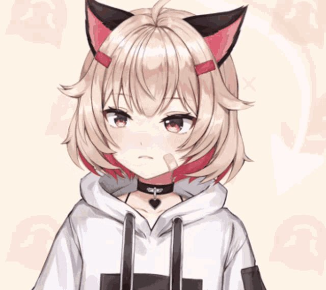 a girl with cat ears is wearing a hoodie and choker