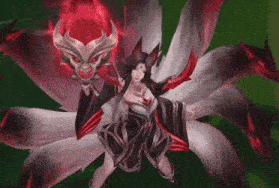 a woman in a fox costume is surrounded by red and white feathers and a demon .