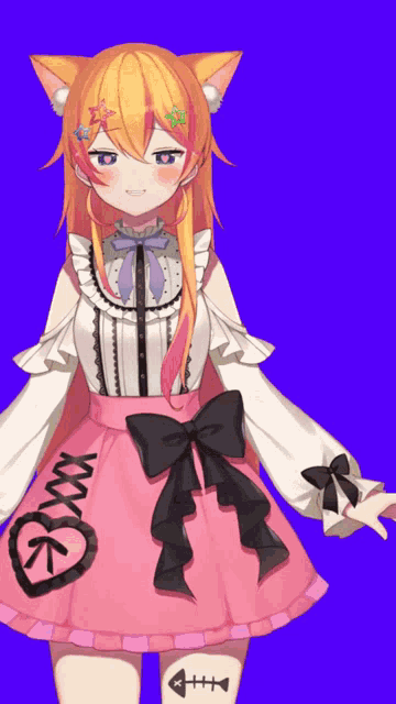 a girl with a cat ear and a pink skirt with a black bow